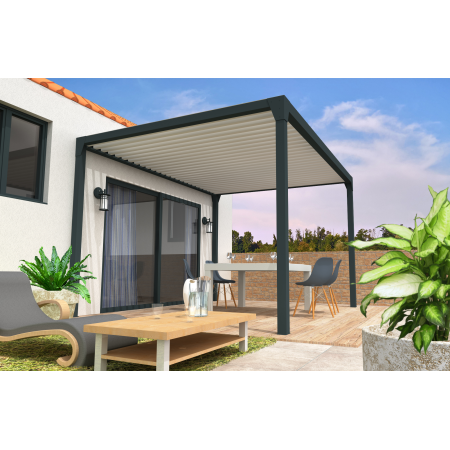 Pérgola bioclimática GREGAL autoportante - Gris/Blanco - 3,50x4,00 M - Motorización con pistón eléctrico y mando a distancia INT